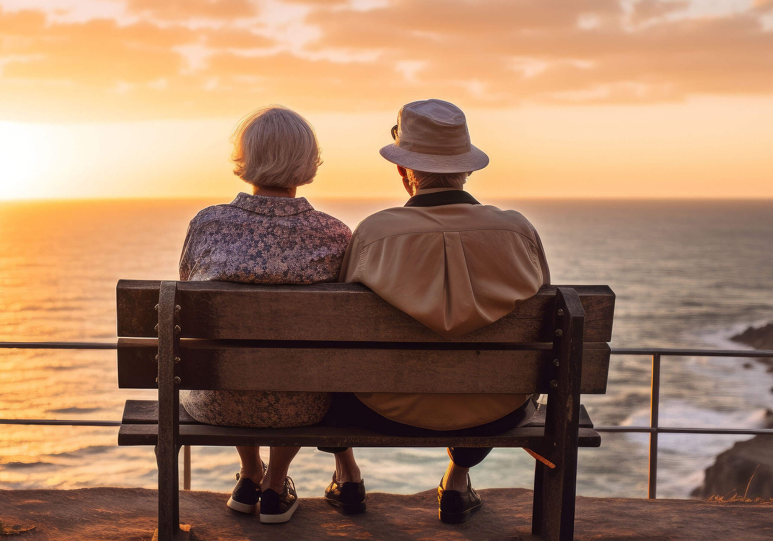 Senior couple sunset bench. Wife fun. Generate Ai